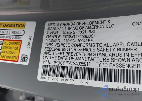 2025 Honda Accord Se from USA, damaged, VIN 1HGCY1F47SA025918
